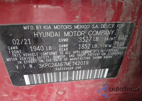 2021 Hyundai Accent Se z USA, uszkodzony, nr VIN 3KPC24A67ME142019